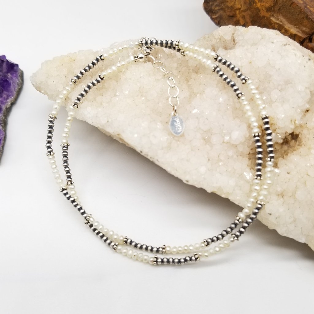 Navajo Harmony: Sterling Silver Necklace with Freshwater Pearls