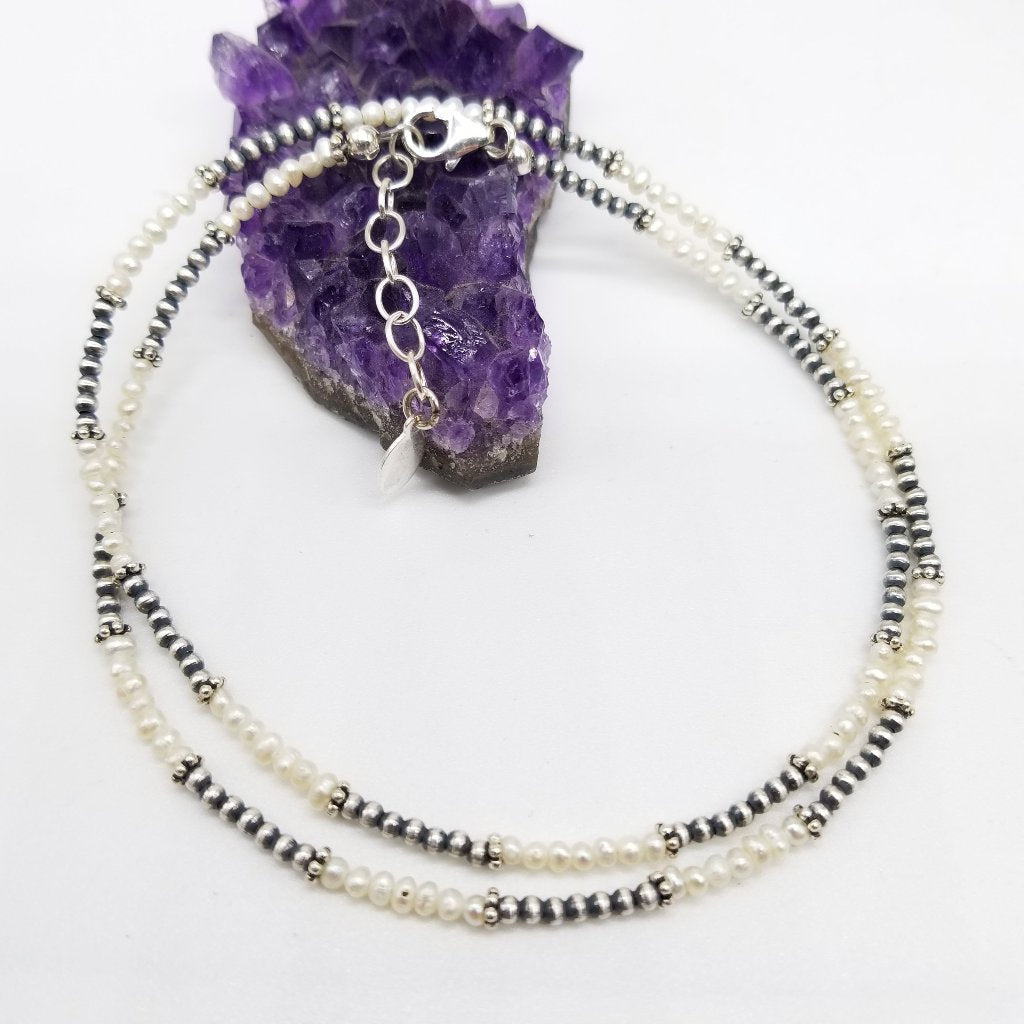 Navajo Harmony: Sterling Silver Necklace with Freshwater Pearls