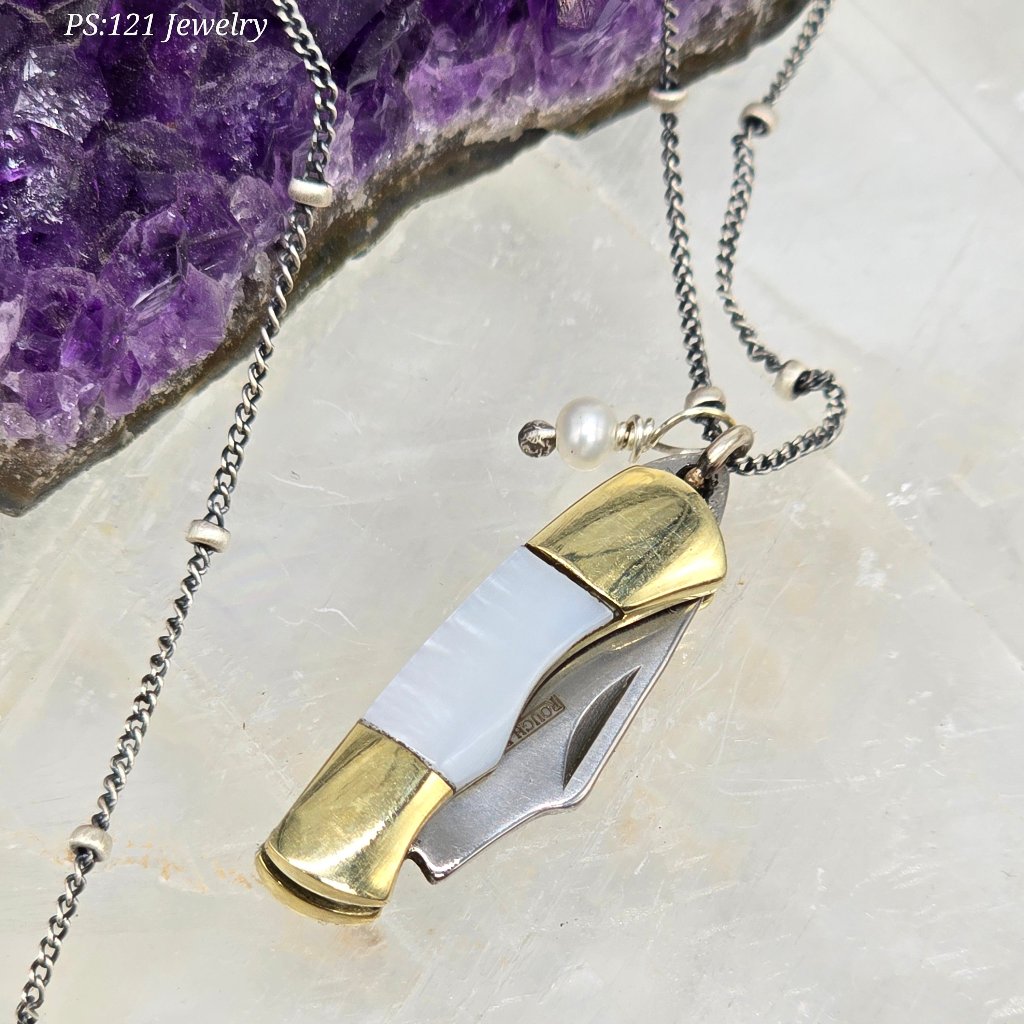 Pearl of Protection: Abalone or Mother of Pearl Folding Knife Necklace