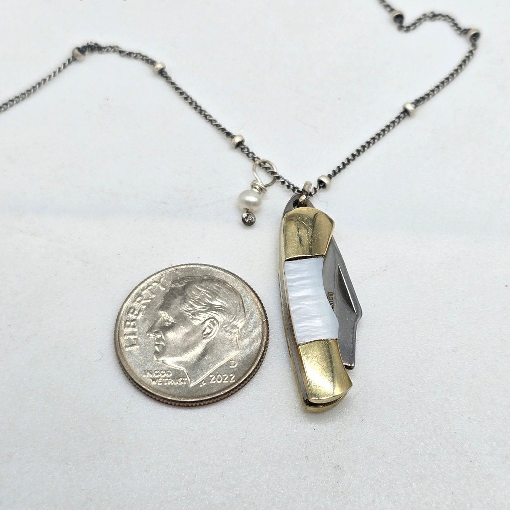 Pearl of Protection: Abalone or Mother of Pearl Folding Knife Necklace