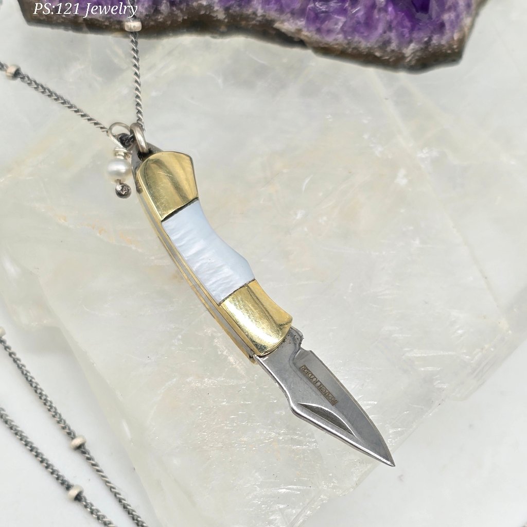 Pearl of Protection: Abalone or Mother of Pearl Folding Knife Necklace