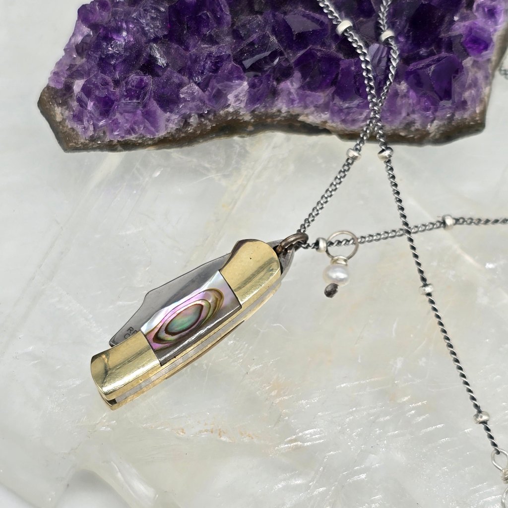Pearl of Protection: Abalone or Mother of Pearl Folding Knife Necklace