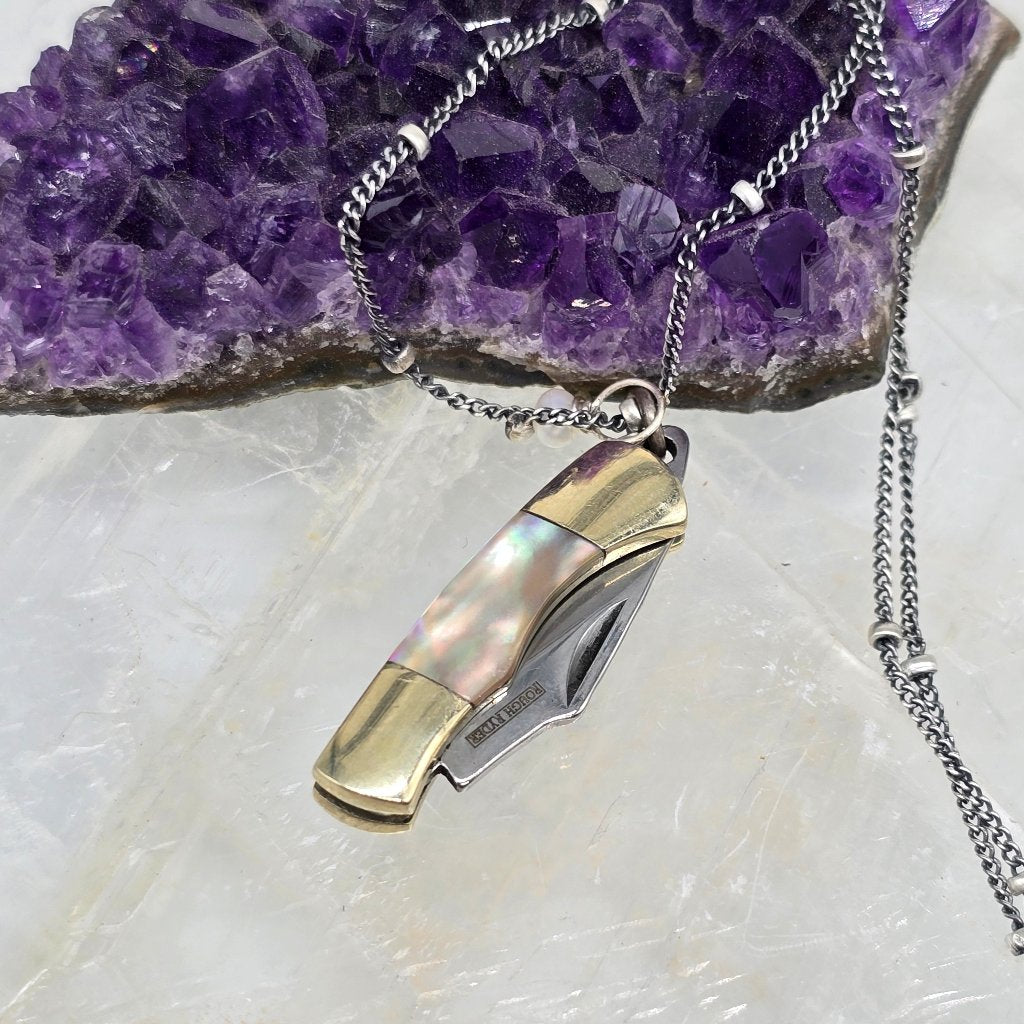 Pearl of Protection: Abalone or Mother of Pearl Folding Knife Necklace