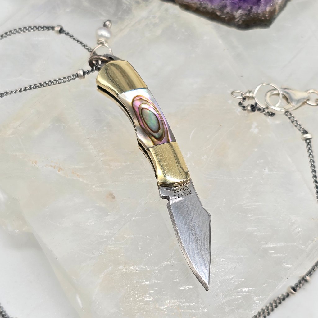 Pearl of Protection: Abalone or Mother of Pearl Folding Knife Necklace