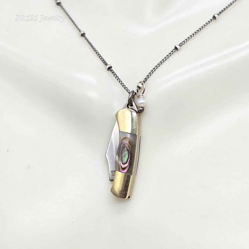 Pearl of Protection: Abalone or Mother of Pearl Folding Knife Necklace