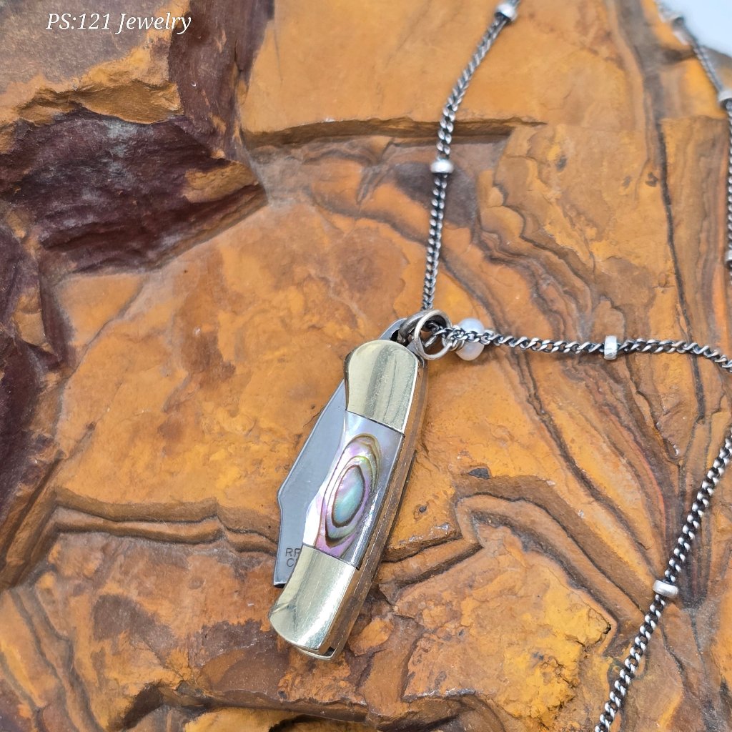 Pearl of Protection: Abalone or Mother of Pearl Folding Knife Necklace