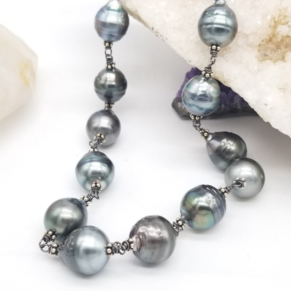 Tahitian Serenade: Sterling Silver Pearl Necklace with Diamonds
