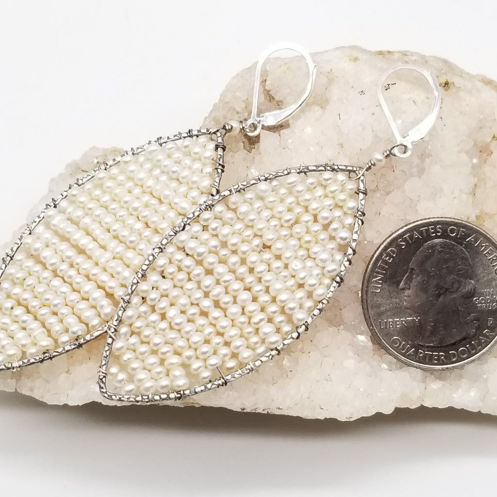 Tiny seed Pearls earrings woven in Sterling Silver in a Diamond Marquise Shape