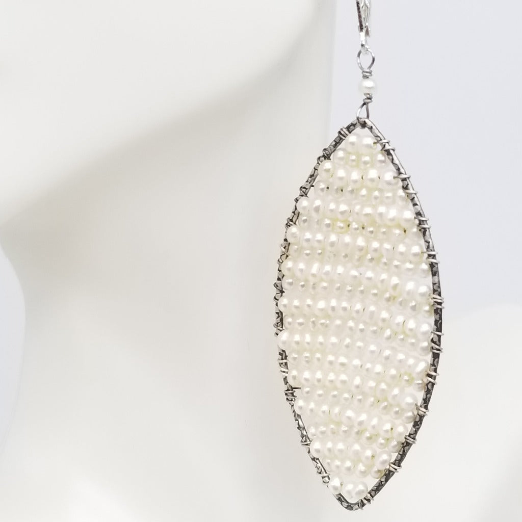 Tiny seed Pearls earrings woven in Sterling Silver in a Diamond Marquise Shape