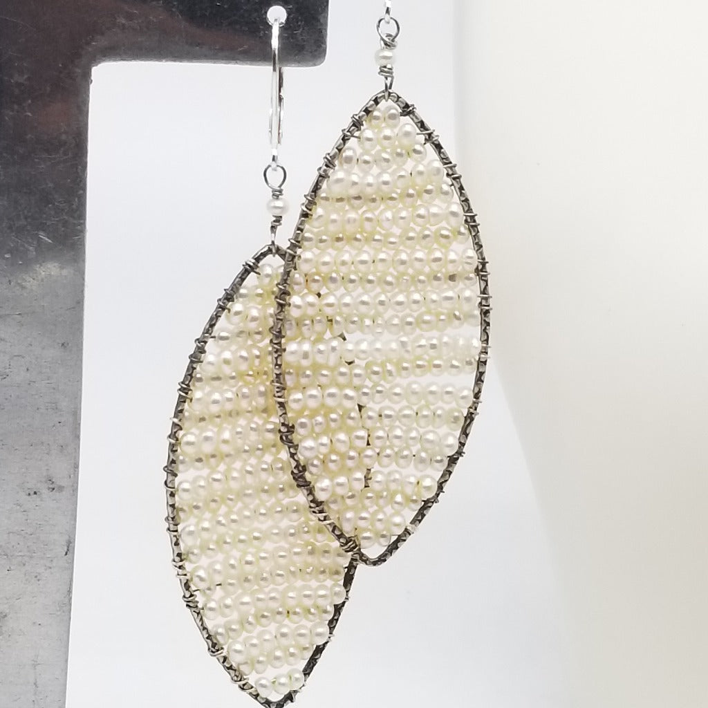 Tiny seed Pearls earrings woven in Sterling Silver in a Diamond Marquise Shape