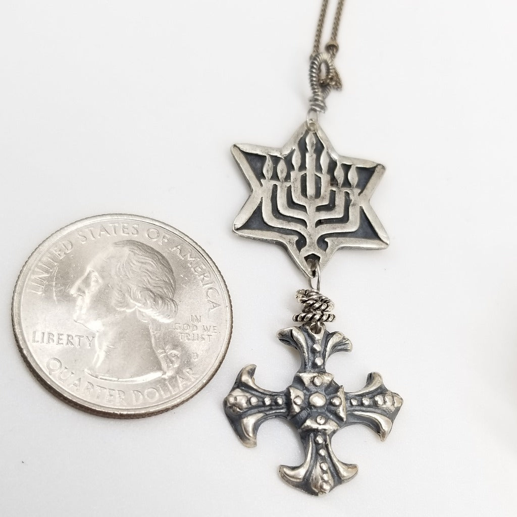 Our sterling silver Star of David and Menorah with our Knights Templar cross. Our messianic piece
