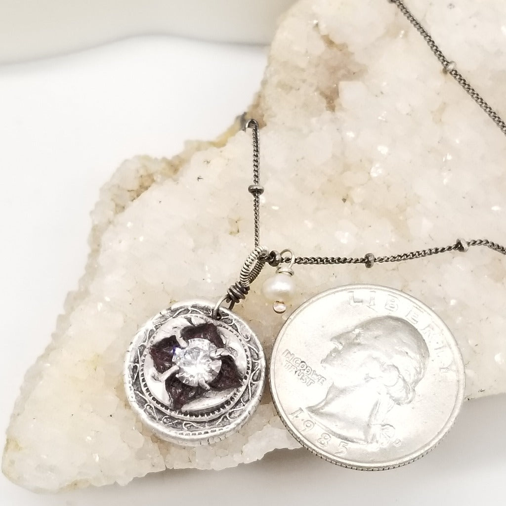 Sterling silver Signature charm with 6mm white topaz and pearl drop on a oxidized 18in sterling silver chain
