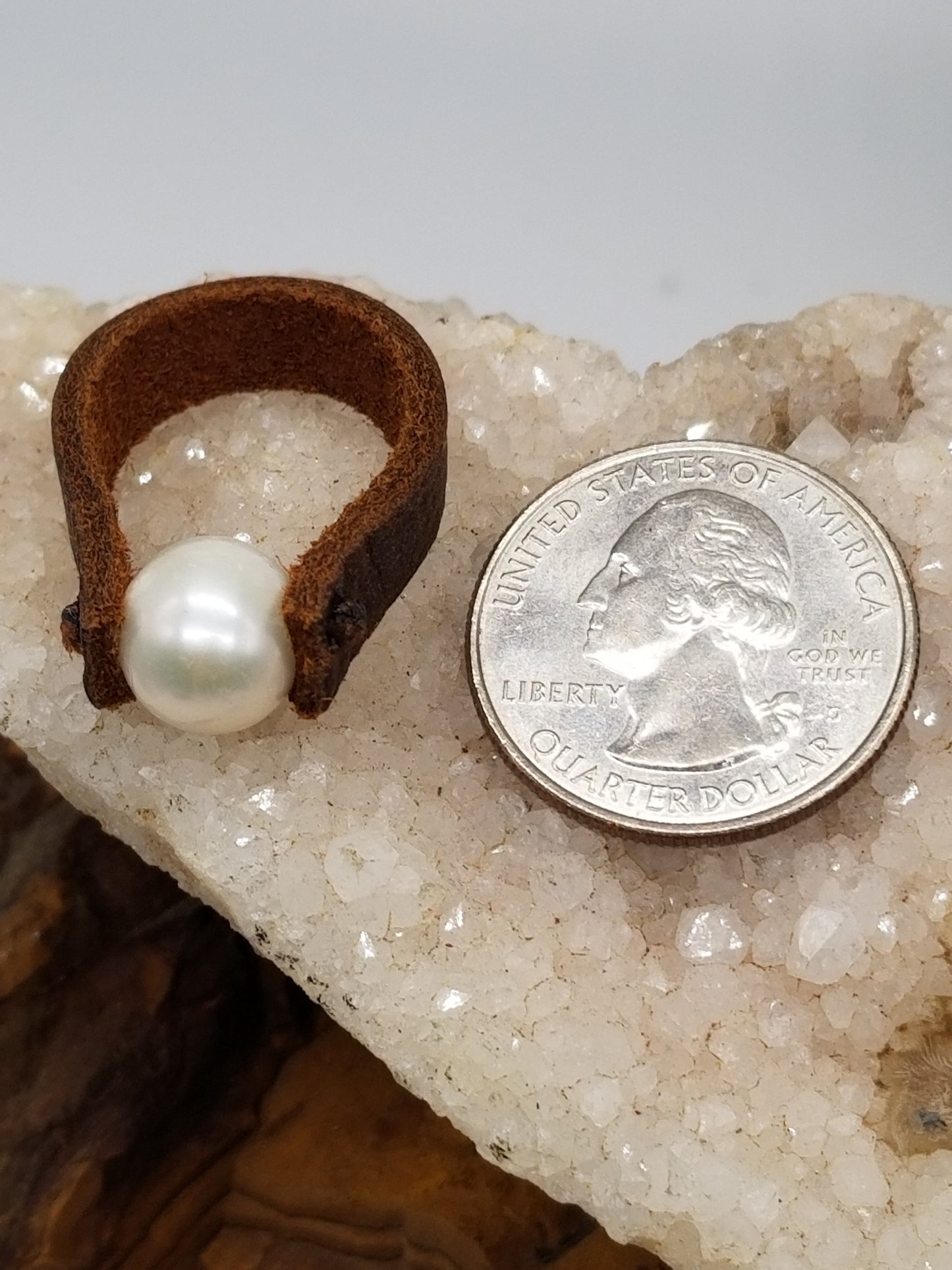 Leather and pearl, leather ring, Pearl ring
