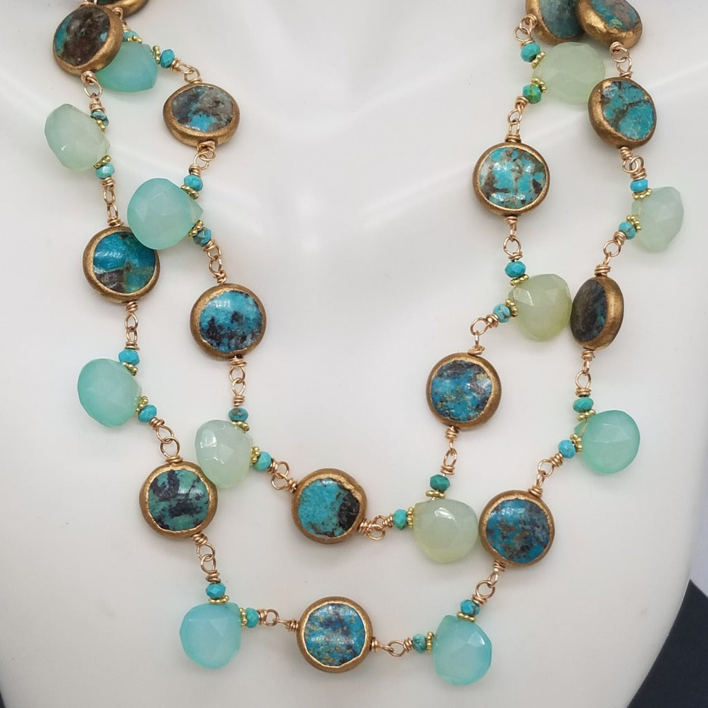 Desert Oasis Splendor: Chrysoprase and Turquoise Gold Necklace