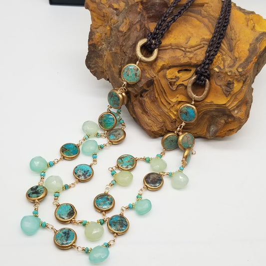 Desert Oasis Splendor: Chrysoprase and Turquoise Gold Necklace