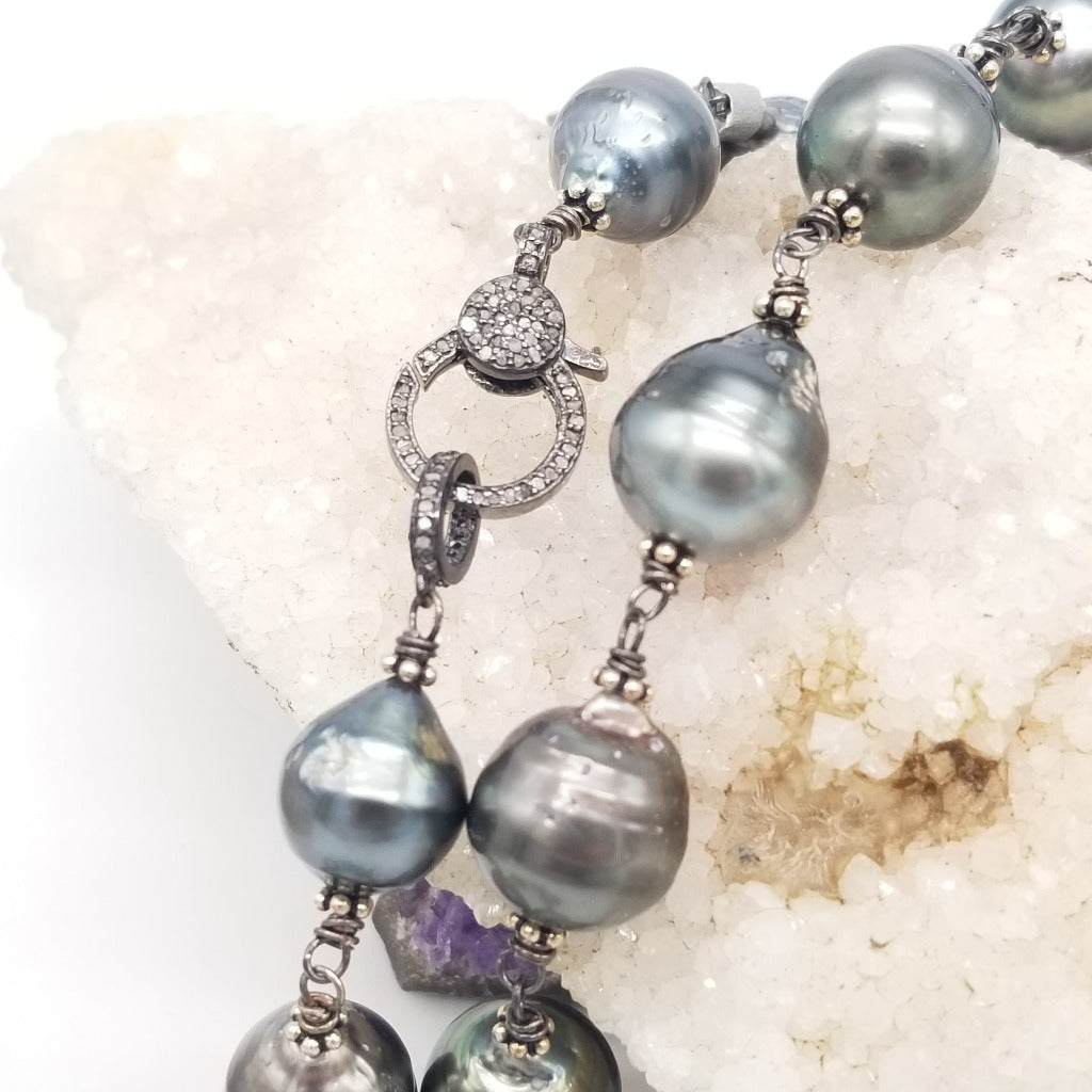 Tahitian Serenade: Sterling Silver Pearl Necklace with Diamonds
