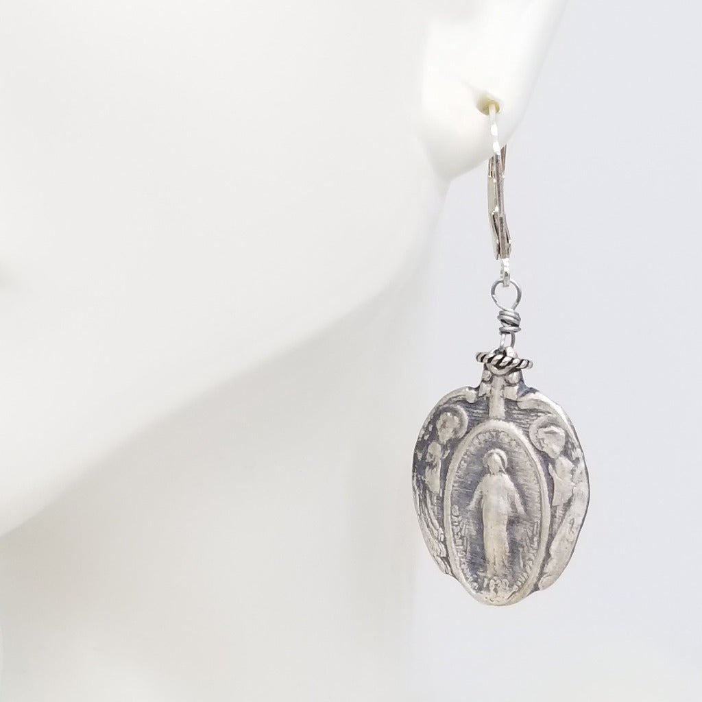 Sterling Silver Earrings with Blessed Mother with Angels on her sides
