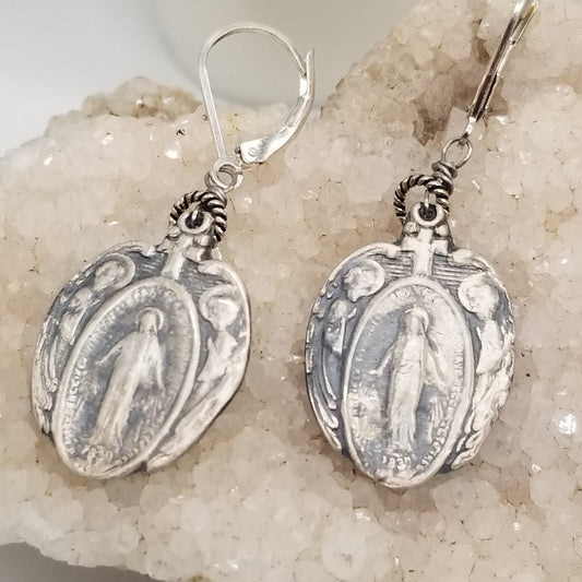 Sterling Silver Earrings with Blessed Mother with Angels on her sides