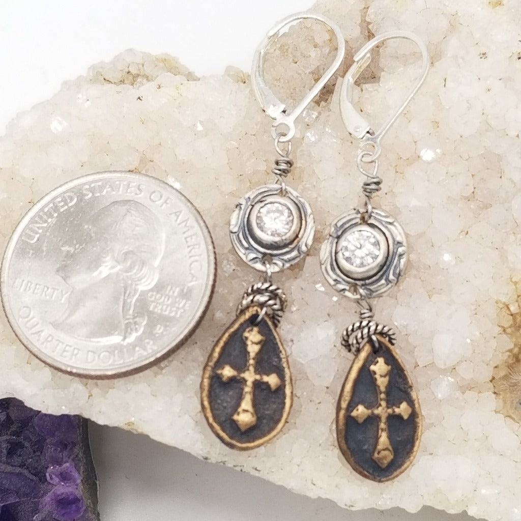 Viking Cross in Bronze with Sterling Silver Signature charm with White topaz Charm Earrings