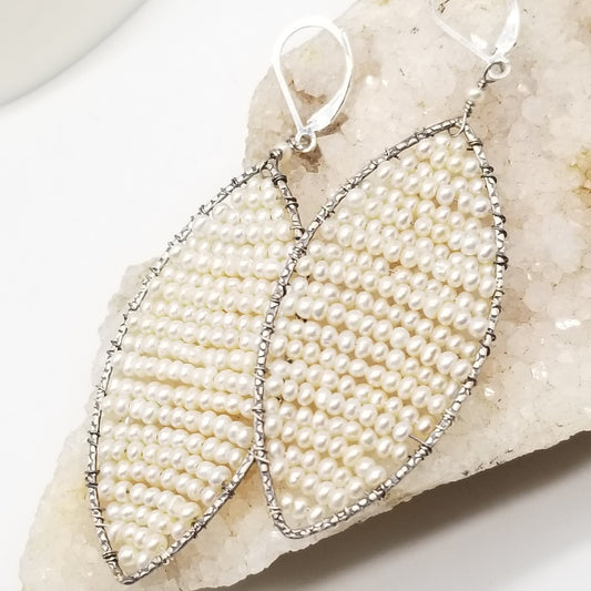 Tiny seed Pearls earrings woven in Sterling Silver in a Diamond Marquise Shape