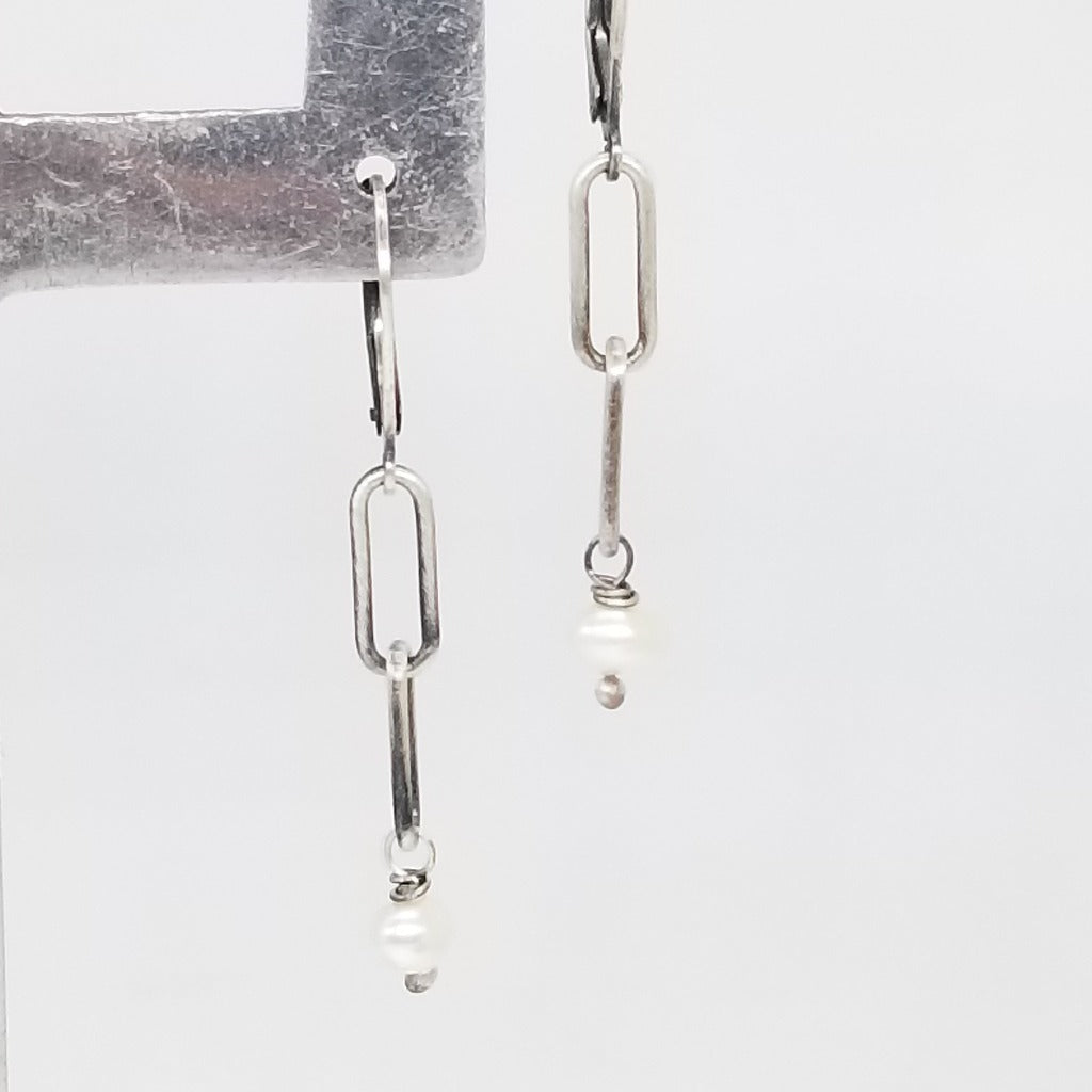 Beautiful Antiqued Italian Sterling Silver Paperclip chain earring with a tiny pearl on the end