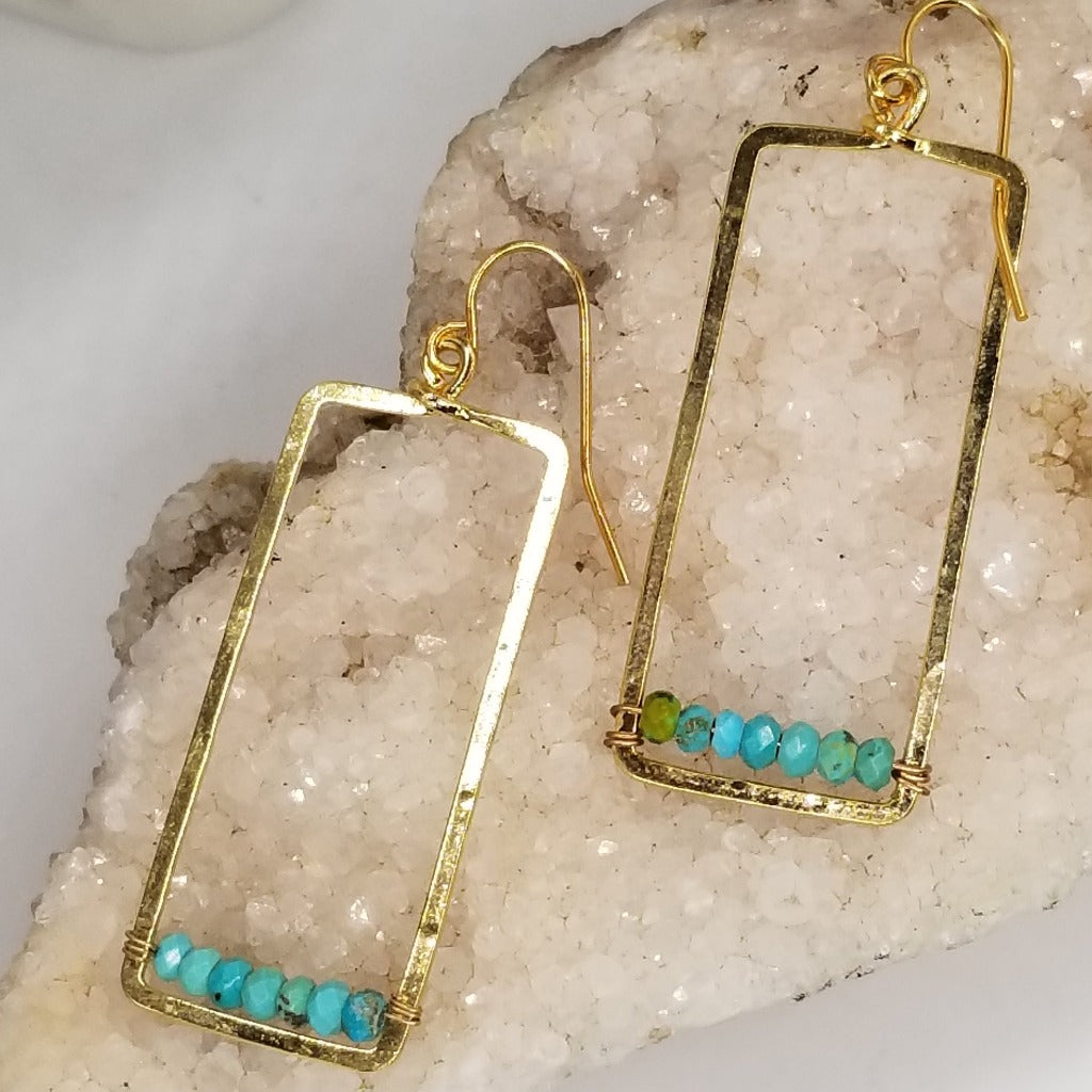 Golden Desert Sky: Hammered Gold Earrings with Bolder Turquoise Accent