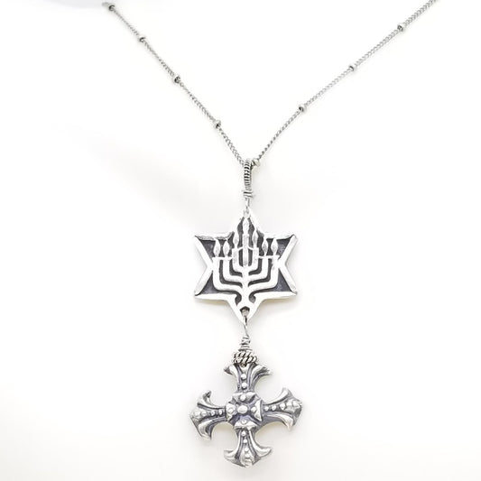 Our sterling silver Star of David and Menorah with our Knights Templar cross. Our messianic piece